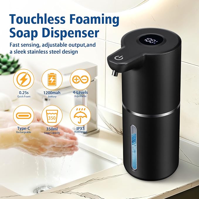 Automatic Foam Soap Dispenser Touchless | USB Rechargeable Smart Hand Soap Dispenser, 4-Level Adjustable, 12oz Wall Mounted for Bathroom Kitchen(Black Foam)