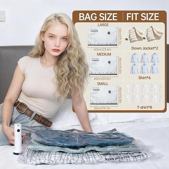 Vacuum Bags for Travel with Wireless Rechargeable Pump, 18 Pack Carry-on Size Compression Packing Seal Bags for Luggage and Suitcase, Space Saver Vacuum Storage Bags for Clothes and Clothing Travel