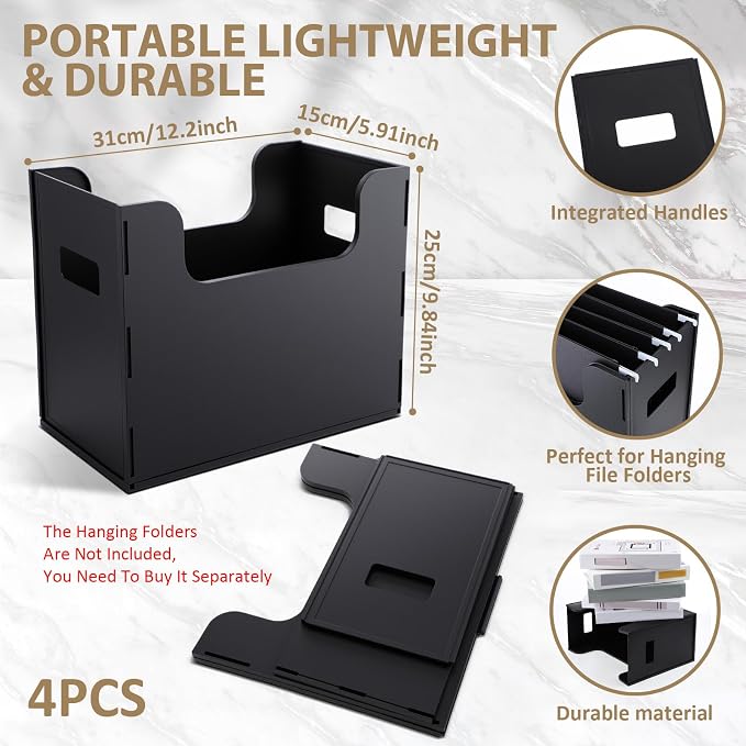 4 Pcs Portable Desktop File, Side Handles, Filing Organizer, Hanging File Folders, Letter Size for Schools Office Home (Black)