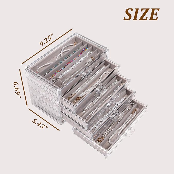 5 Drawerss Necklace Organizer Box, Tray with Clear Lid, Dustproof Velvet Necklaces Holder Storage Display Case, Gery Necklace Tray Drawer Insert for Pendant Suitable for Women and Girls (25 grids)