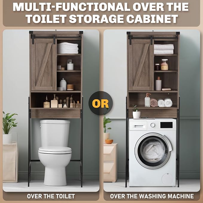 Over Toilet Storage Cabinet with Barn Door & Adjustable Shelves | 24 Inch Wide Bathroom Organizer, Space-Saving, Sturdy Wood, Anti-Tipping, Easy Assembly, for Restroom, Laundry, Small Spaces