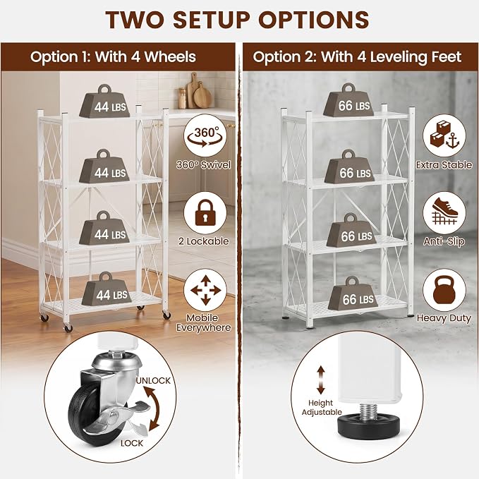 ALANNG 4 Tier Folding Storage Shelf on Wheels,Heavy Duty Metal Rolling Cart | 264 lbs Capacity, No Tools Assembly, Folds to 3.9", Lockable Casters, Portable for Kitchen Laundry Garage (White, 1 Pack)