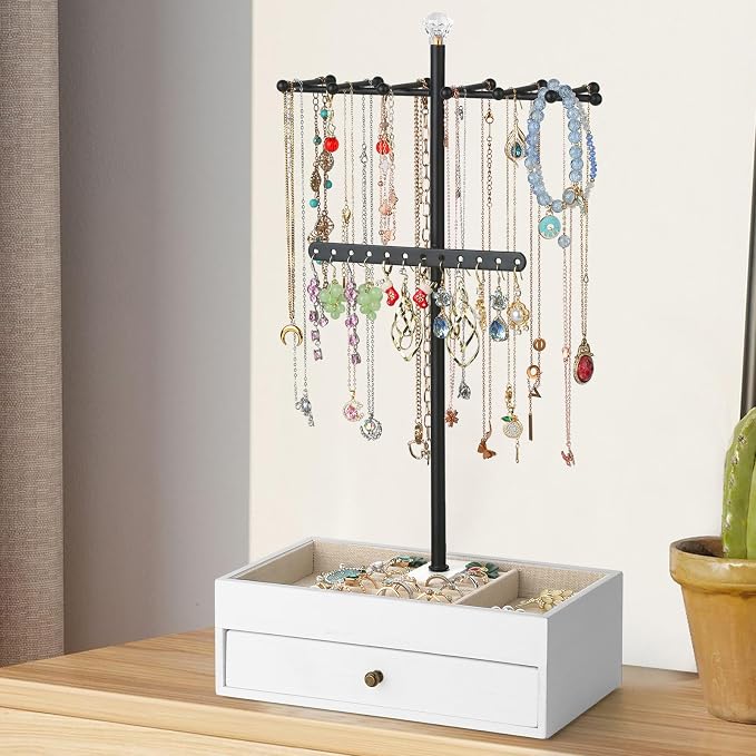Meangood Jewelry Organizer Stand, 3-Tier Necklace Holder Jewelry Tree with Wooden Storage Drawer Box for Necklace Bracelet Earring Ring,White