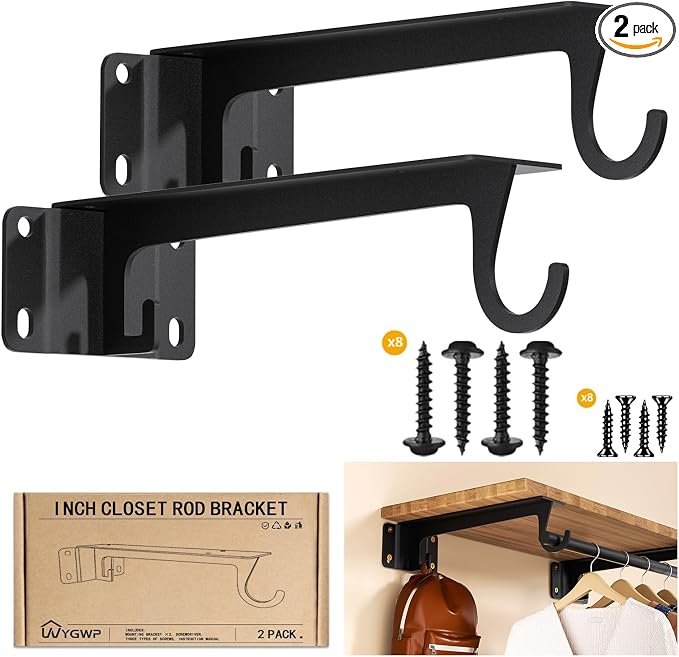 Closet Rod Support Bracket WYGWP Heavy Duty Closet Shelf Brackets Supports 200lbs,Sturdy Closet Shelves Wall Mounted for DIY Home and Closet Decor Black 2pack