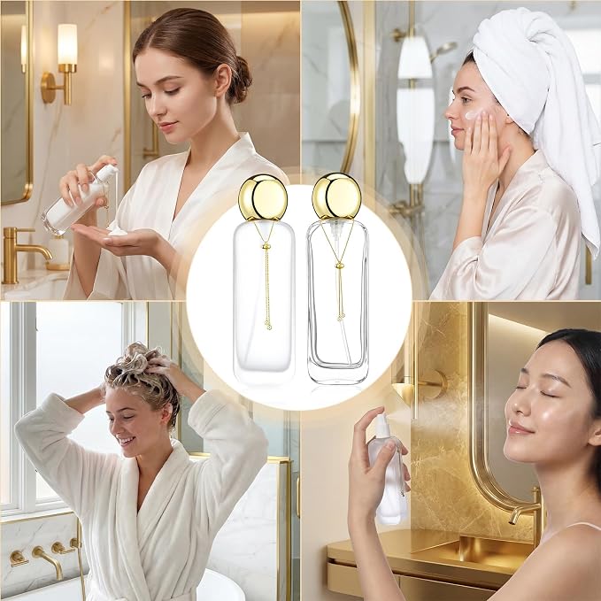 4 Pcs 4oz Luxury Glass Bottles with Pump Glass Toner Bottle with Gold Chain Perfume Spray Bottle Travel Lotion Vial with 2 Plastic Pump Head 2 Spray Head for Cosmetic Toner(Frosted and Clear)