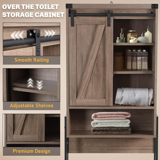 Over Toilet Storage Cabinet with Barn Door & Adjustable Shelves | 24 Inch Wide Bathroom Organizer, Space-Saving, Sturdy Wood, Anti-Tipping, Easy Assembly, for Restroom, Laundry, Small Spaces
