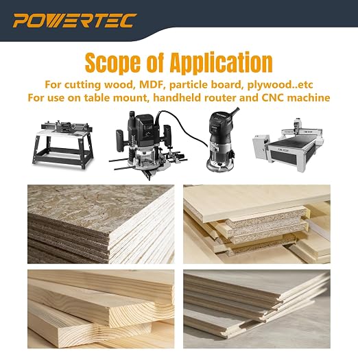 POWERTEC Tungsten Carbide Tipped Double Flute Straight Router Bit, 1/2" Shank, 3/4" Cutting Dia. 1-1/4" Cutting Length, Woodworking Router Bits for use on Router Table and Router Tool (73065)