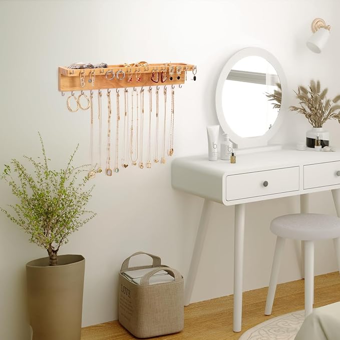 Necklace Holder Organizer Wall Mount,Jewelry Holder Organizer with 30 Hooks,Oak Jewelry Organizer and Storage for Necklaces,Bracelets and Rings (Wood Color)