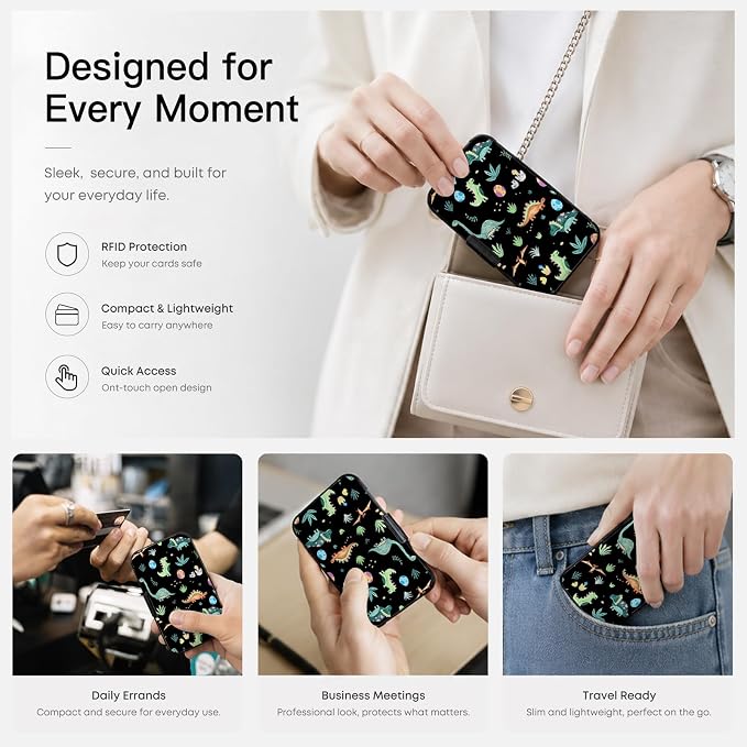Credit Card Holder RFID Aluminum card case Dinosaurs mini Wallet Women Men | ABS Business ID Case,Hard Case Large Capacity 6 Slots, Waterproof Durable ，Secure Closure Slim Small Credit Card Protector