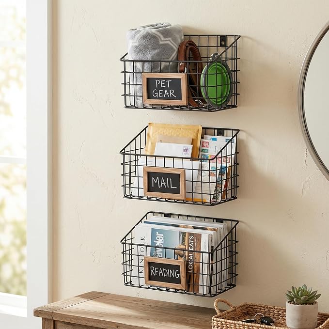 MyGift 10 Inch Wall Mounted Matte Black Metal Wire Storage Baskets with Chalkboard Labels, Small Hanging Organizer Bins for Home Entryway Kitchen Pantry Closet, Set of 3