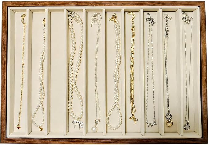 Large Jewelry Trays for Drawers Stackable Velvet Jewelry Display for Vendors Jewelry Drawer Organizer Inserts for Rings Necklace Bracelets Earrings and Studs Earrings (Beige, 10 Grid)
