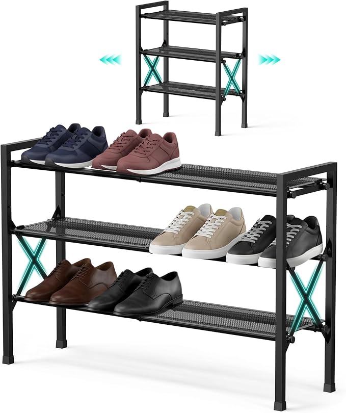 YEASHEIN 3-Tier Expandable Shoe Rack Organizer with Wire Mesh Shelf - Black | Sturdy Metal Shoe Shelf with 4-Tier Storage, Adjustable Shoe Stand, Free Standing Shoe Rack for Closet, Entryway, Garage
