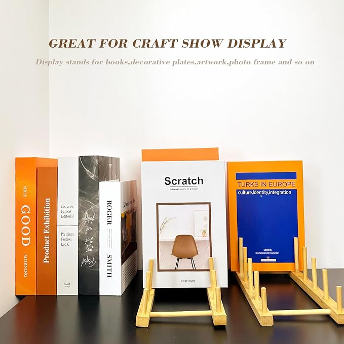 Plate Display Stands, 2 Pack 5-Slot Wooden Plate Holder Organizer | Sturdy Craft Show Display Stand for Art Prints, Book, Photo, Picture Frame, Plaque, Platter and Tabletop Decor
