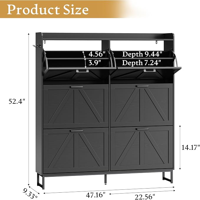 Wodeer Shoe Cabinet Storage for Entryway, Shoe Storage Cabinet with 6 Flip Drawers, Freestanding Narrow Shoe Rack Organizer with Metal Legs, Adjustable Shelves & Open Storage for Foyer, Hallway, Black