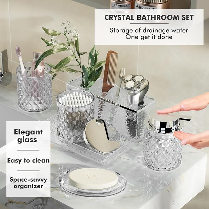 Bathroom Accessories Set - 20PCS Glass Bathroom Set with Shower Curtain and Rugs, Soap Dispenser, Soap Dish, Cup, Qtip Jar, Toothbrush Holder, Stylish & Functional Bath Decor for Home, Apartment