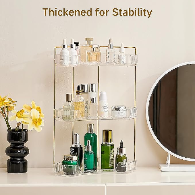 Ceruaxb 3-Tier Corner Bathroom Counter Organizer, Plastic Countertop Makeup Organizer, Large Capacity Vanity Bathroom Perfume Shelf Rack for Kitchen Office Desktop (Amber)