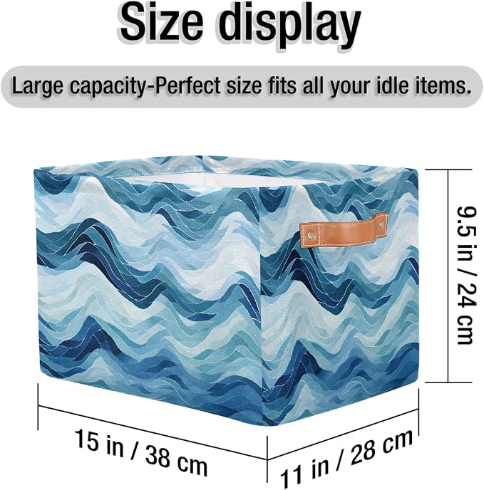 Rectangular Storage Bins Abstract Blue Waves Collapsible Fabric Storage Basket Organizer with Handles for Nursery Bedroom Bathroom