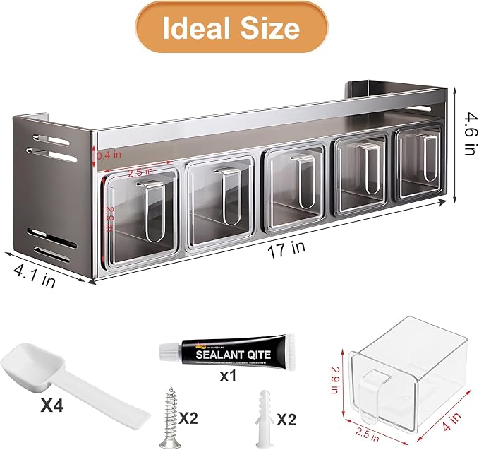 Kitchen Spice Rack, Kitchen Organizer and Storage Rack with 5 Spoons, Spice Organization for Cabinets Punch-free Wall/Countertop Home Decor Multifunctional Double Layer 5 Grid Condiment Rack, Gray