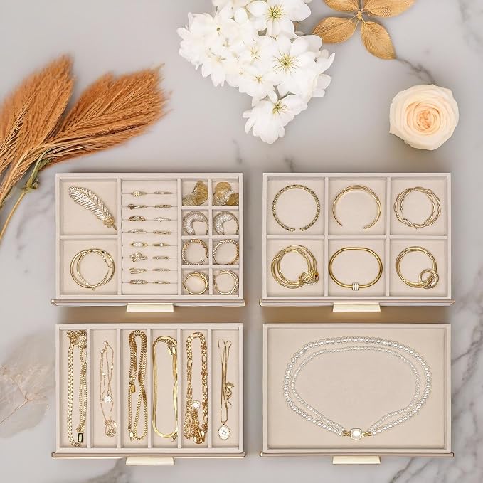 VLANDO 4-Drawer Jewelry Box with Glass Lid, Faux Leather Organizer for Rings Earrings Necklaces and More, Gift-Ready Jewelry Case for Women Girls or Moms, Latte