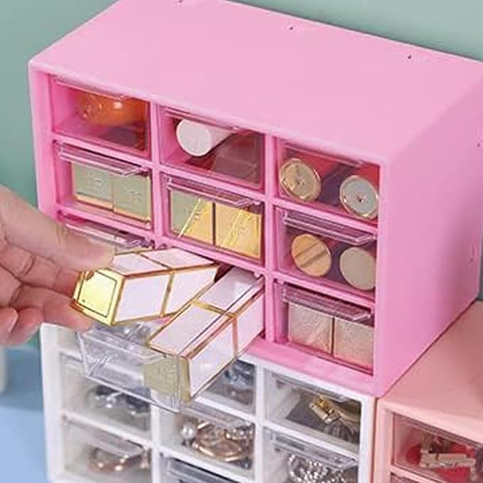 Small Drawer Organizer for Desk, 7.1" x 3. 8" x 4.6" Mini Desktop Drawer Organizer with 9 Clear Drawers, Plastic Desktop Craft Storage Box for Desk Office School Home (Pink)