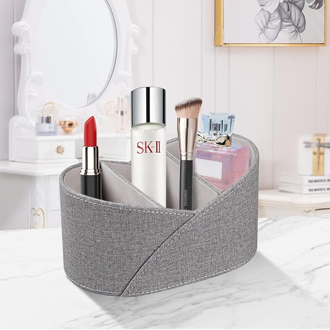 PU Leather Remote Control Holder with 3 Compartments, Modern Design Desk Accessories Workspace Organizer for Office/School/Home, Modern Nightstand Caddy Organizer for Makeup/Vanity/Stationery,Grey