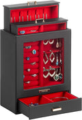 Homde Display Jewelry Box for Girls: Starter Organizer with Clear Window | Vertical Drawers for Earrings Rings Necklaces - Compact Footprint Fits Small Vanities - Birthday&Graduation Gift for Teens
