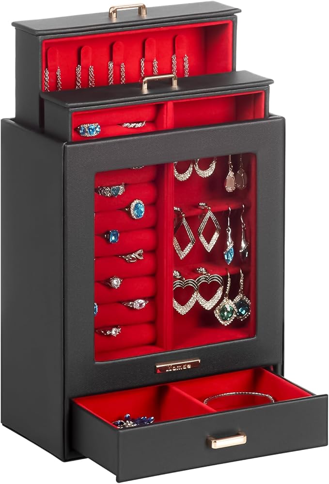 Homde Display Jewelry Box for Girls: Starter Organizer with Clear Window | Vertical Drawers for Earrings Rings Necklaces - Compact Footprint Fits Small Vanities - Birthday&Graduation Gift for Teens