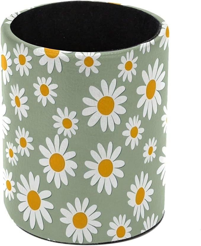 Light Green and Daisy Pen Holder Pencil Organizer for Desk, 3.1” x 3.1” x 3.9” Pencil Cup Office Supplies, Large Capacity Cute Pen and Makeup Brush Holder for Home, School, Desktop