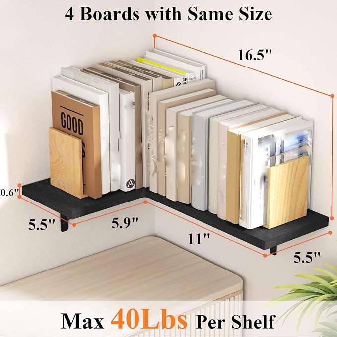 Love-KANKEI Corner Wall Shelf Set of 4，Solid Wood/Bracket,16.5"x 11",Black | Easy to Install,Floating Wall Shelves,40 Lbs/shelf,For Bedroom Living Room Bathroom Kitchen Office,Storage Display,Wall Decor