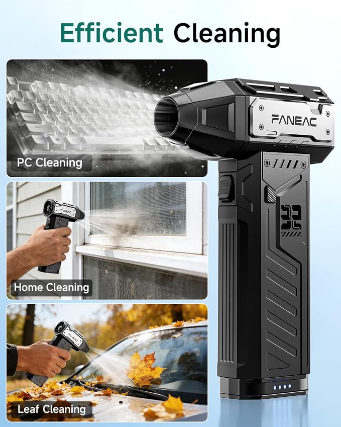 Electric Air Duster with 2 Swappable Battey Pack | 150,0000 RPM BLDC 150 mph Air flow, 3-Speed Compressed Air Duster for Dust/Snow Cleaning - 2-yr Warranty