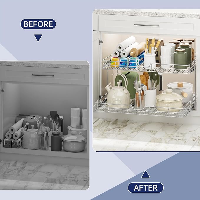 2-Tier Pull Out Cabinet Organizer, 30" W x 21.5" D, Heavy Duty Dual Slide Out Shelves for Wide Base Cabinets, Chrome Wire Basket Drawer for Pots, Pans, Pantry & Cleaning Supplies