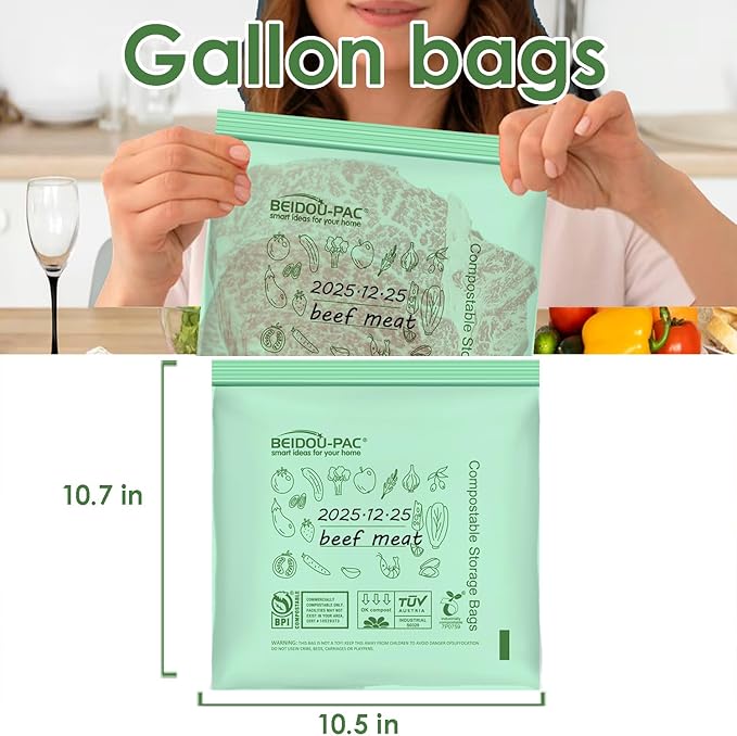BEIDOU-PAC Compostable Gallon Food Storage Freezer Bags, 150 Count | 2 Mil | 10.5" * 10.7", Freshness Easy Open Biodegradable Eco-Friendly Reclosable Compost Zippper Bags
