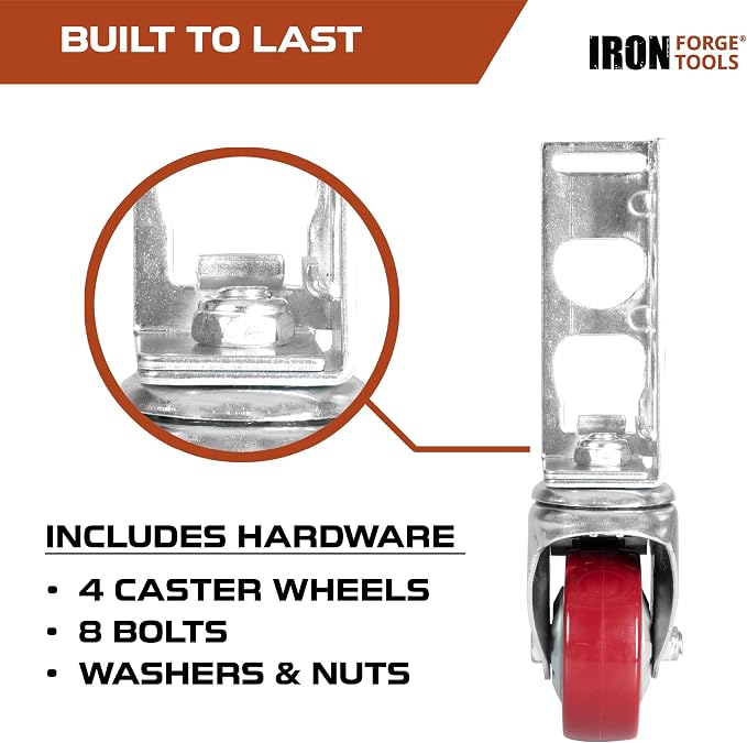 Iron Forge Tools Rolling Storage Rack Caster Wheels, Set of 4-3 Inch | Heavy Duty Locking Castors, For Garage Shelving, Pallet Shelf & Tool Shelves