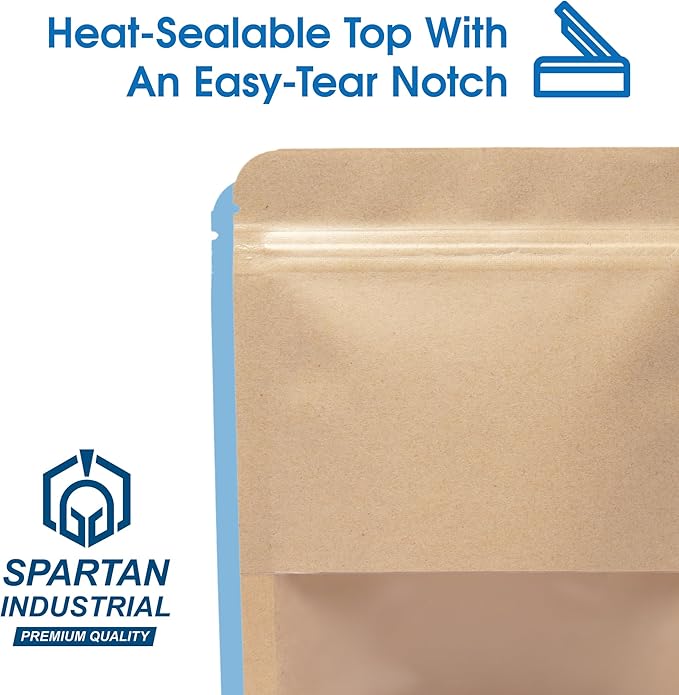 Spartan Industrial - 4" X 6" Kraft Resealable Stand-Up Pouches - Pack of 100 Small Smell-Proof Storage Pouches for Food Packaging, Pet Treats, Cosmetics, and More