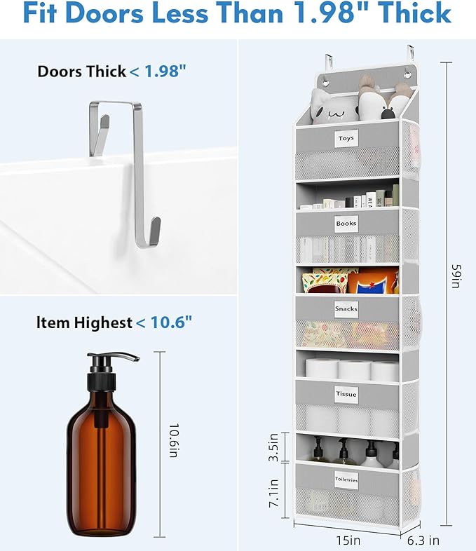 Optish Over The Door Organizer Hanging, 2 Pack 5 Shelf Behind The Doors Storage, Pantry Door Organizer, Closet Organizers for Bedroom and Nursery (Grey)