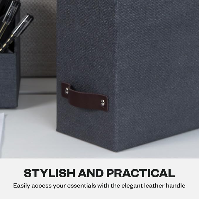 Bigso Estelle Fibreboard Magazine Holder with Leather Handle - Magazine File Holder and Organizer for Papers and Catalogs on Home or Office Desks - W4.4 x D9.8 X H12.7 (inches) - Black