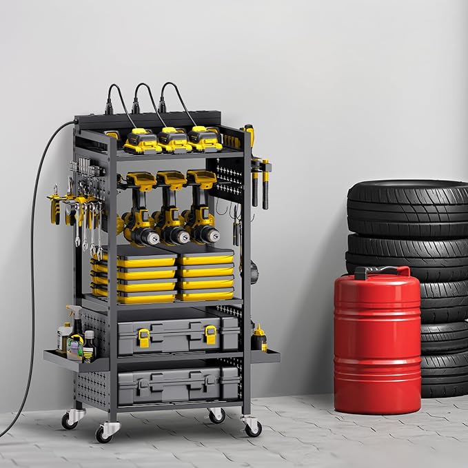 VEVOR 5-Tier Tool Organizer Cart with Charging Station, 8 AC Outlet, Floor Stand Rolling Drill Holder and Tool Battery Storage Rack on Wheels, Garage Floor Rolling Storage Cart for Workshop, Garage