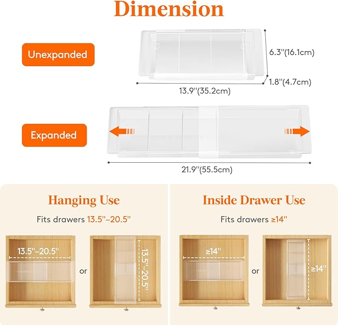 Lifewit Sliding Makeup Drawer Organizer, Fits 13-20" Deep Drawers, Extendable Hanging Divider, 1.8" High Plastic Tray for Vanity, Office, Kitchen, White, 2Pcs