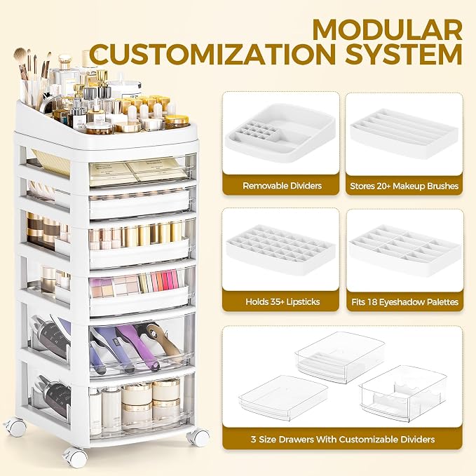 Rolling Cart with 6 Drawers, Clear Plastic Drawer Organizers, Dust Proof Under Desk Storage for Makeup, Skincare, Art Crafts and Baby Items, Acrylic Cosmetic Organizer with Dividers, Vanity Cart