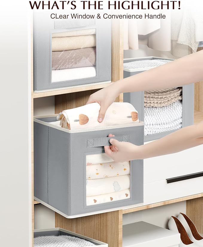Homsorout Storage Cube 11 Inch - Cube Storage Bins with Window, Closet Storage Baskets with Handle, Fabric Bins for Closet, Shelves, Toys, Clothes, Set of 14, Grey