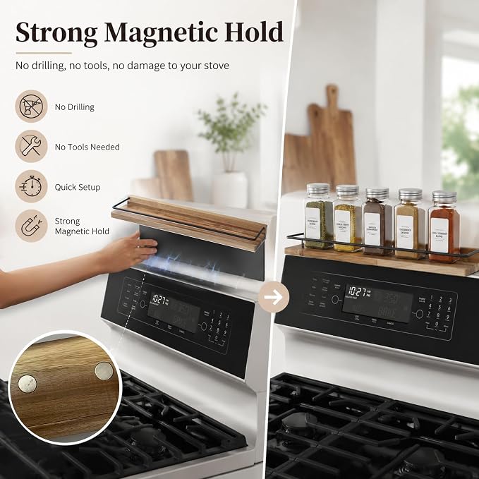 2-Piece 30" Magnetic Stove Top Shelf – Acacia Wood Spice Rack Organizer, No-Drill Over Stove Shelf for Kitchen, Strong Magnets, Heat Resistant, Easy Clean, Fits Gas/Electric Stoves