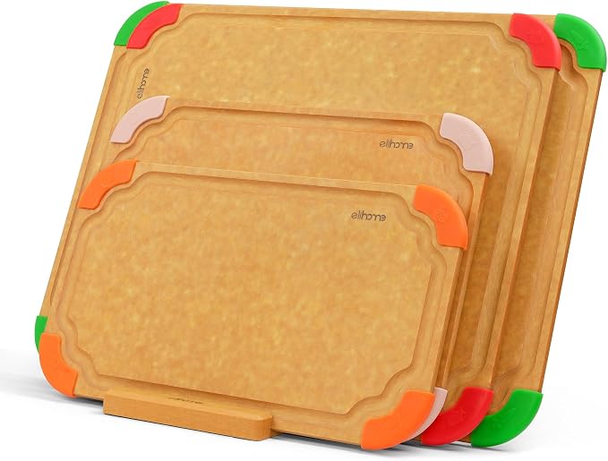 Elihome Cutting Board Organizer, 4-Slot Angled Holder — Wood Fiber Composite, Non-Slip Feet, Dishwasher Safe, Heat-Resistant 350°F, Non-Porous (Natural Wood)