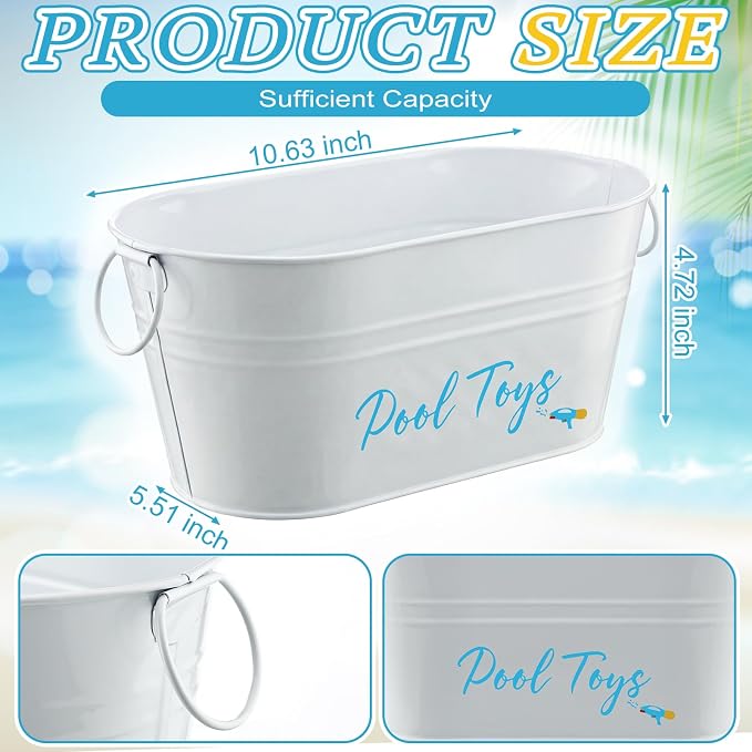 Blulu 10.6"x4.7" Pool Toy Storage Bucket Metal Poolside Basket Above Ground Pool Bin Summer Basket Outdoor Storage for Sunscreen Goggles Flip Flop Spf Swimming Camping Beach Accessories Decor