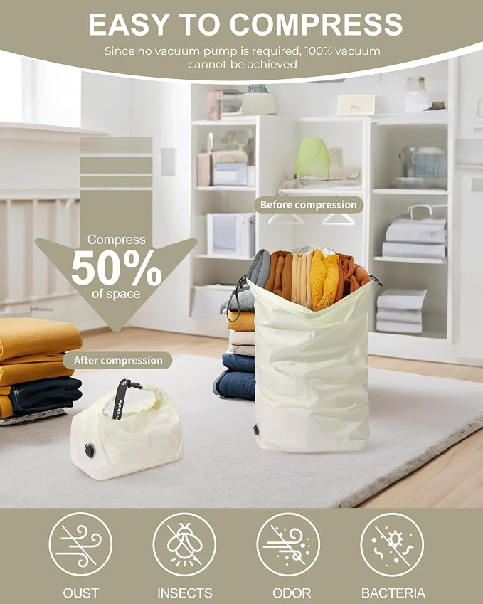 Travel Compression Laundry Bag for Dirty Clothes, Pump-Free Vacuum Space Saver Bag, Reusable Waterproof Wet Dry Bag, Travel Laundry Bag for Luggage, Packing, Suitcase (1 Pcs)（White, L)
