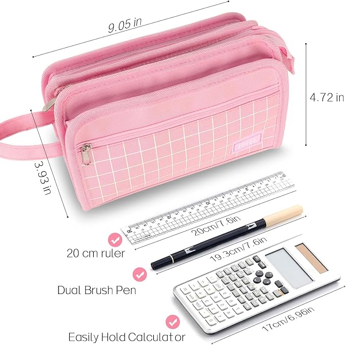 Sooez Large Pencil Case, Big Capacity Pencil Pouch Pen Bag with 3 Compartment, Portable Canvas Stationery Organizer with Zipper, Cute Aesthetic School Supplies for Teen Girls, Purple with Plaid