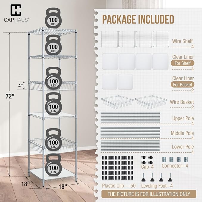 CAPHAUS NSF Adjustable 6 Tier Wire Shelving Unit w/Basket & Liner, Metal Storage Rack Corner Shelves, Storage Rack for Kitchen, Bathroom, Laundry Closet, Metal Wire Shelving w/Basket Shelves Silver