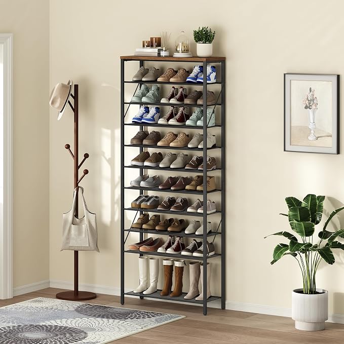 MAHANCRIS 12 Tier Shoe Rack, Shoe Storage Organizer, Holds 44-48 Pairs | Tall Metal Shoe Rack Space Saving, Sturdy and Stable, Vertical Shoe Rack for Entryway, Hallway, Dorm Room, Rustic Brown