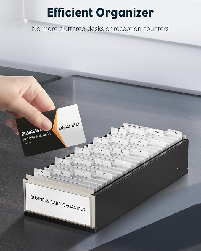 Uniclife Business Card Holder for Desk, Large Business Card Organizer | 800 Card Capacity Metal Business Card Box with Lid & A-Z Index Tabs, Desktop Credit Card Holder, Name Card Storage Box