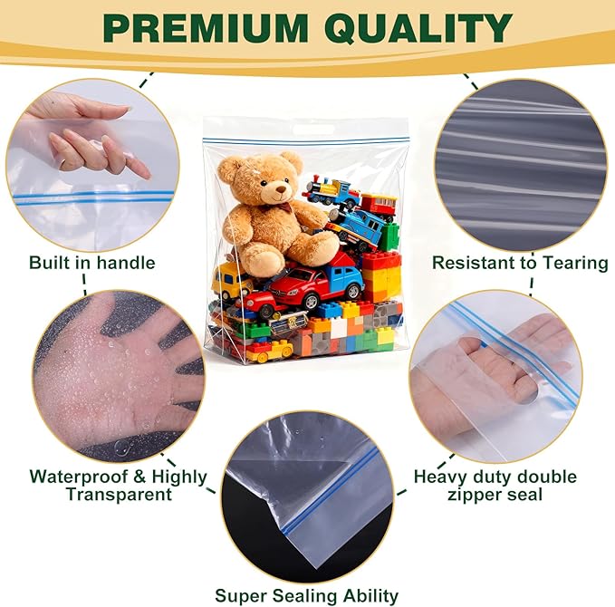 TUXIYA 10 PACK Extra Large Storage Bags, 10 Gallon 24"x20"x7", Resealable Clear Bags with Handle, XL Heavy Duty for Clothes Travel Moving, Double Zipper Seal, Expandable Bottom, Thick 8 Mils