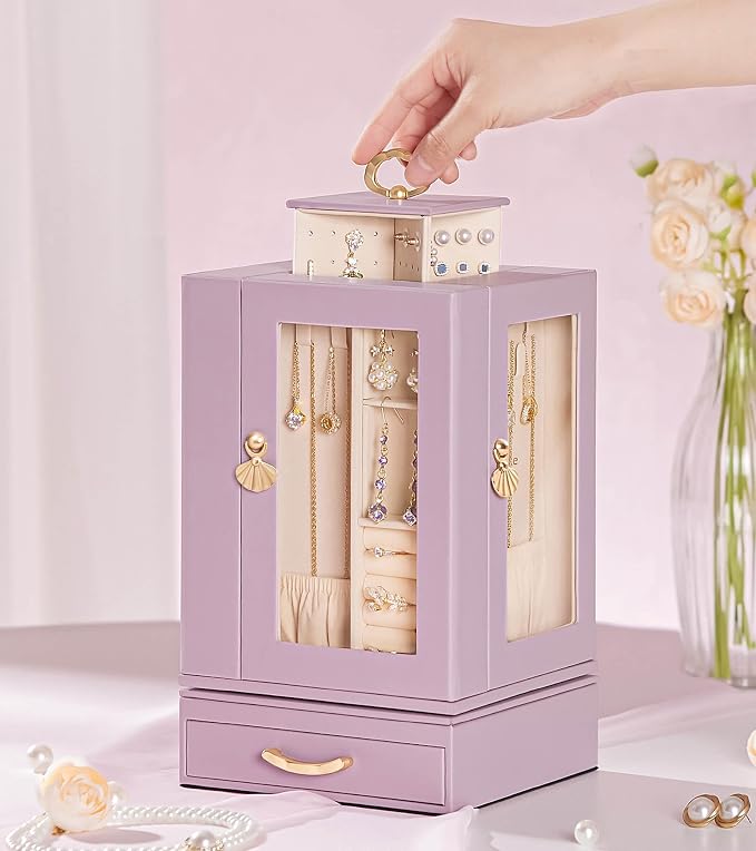 Enthralite Luxury Jewelry Box for Women: 360° Rotating with Clear Window | Compact Jewelry Storage with Drawer - Necklace Ring Organizer with Compartments - Elegant Earring Holder Display Great Gift